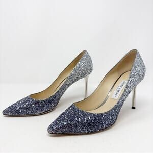 Jimmy Choo Romy 85 Course Glitter Navy Silver Degrade Heels